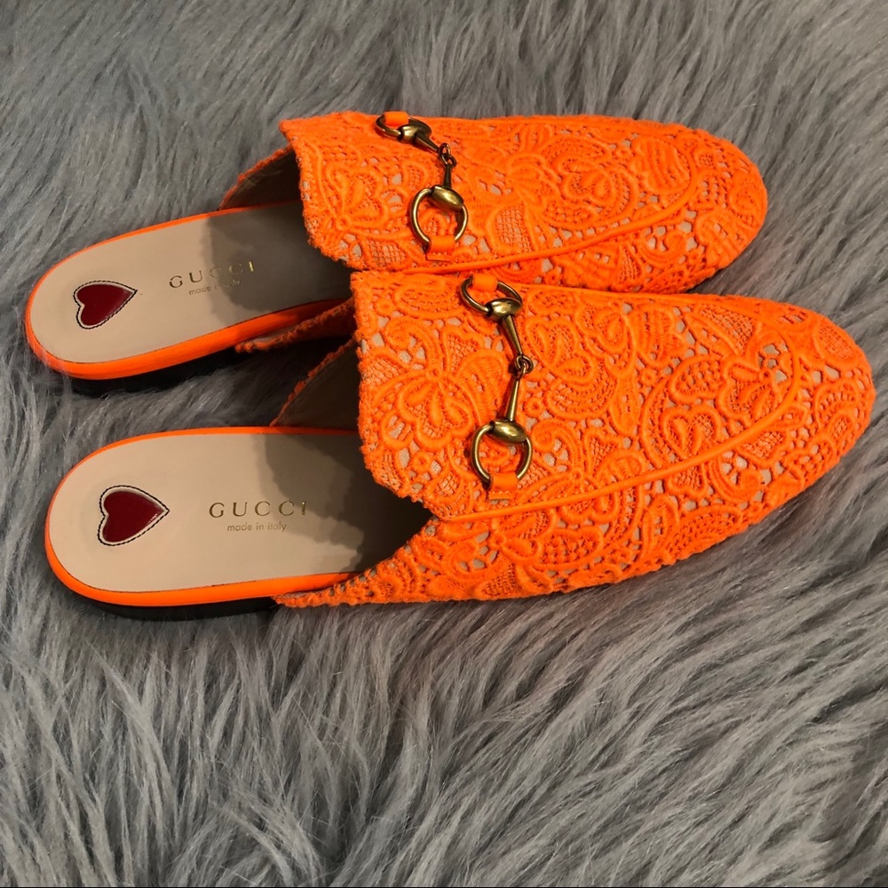 Gucci Orange Lace Horsebit Mules - Picture 5 of 8